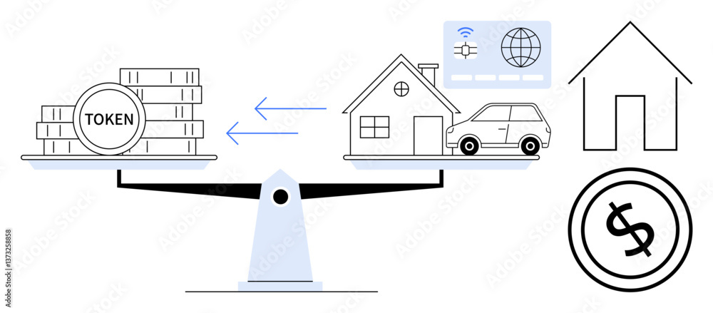 Obraz premium Tokens balanced against property assets thumbs up house and car on a scale. Exchange arrows and digital elements. Ideal for economy, finance, trade, blockchain, investment, valuation, digital