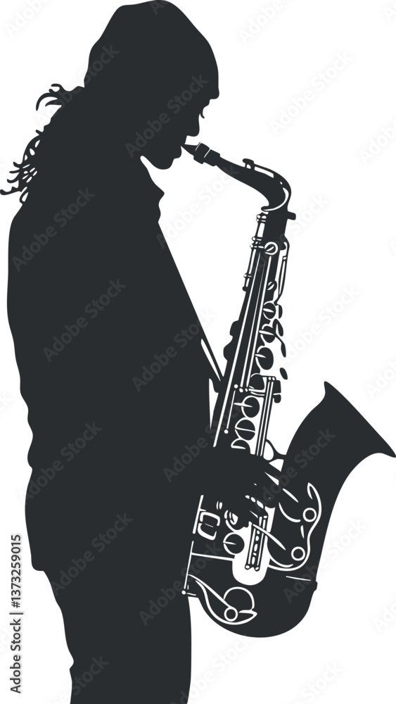Fototapeta premium Silhouette of a saxophonist playing music, highlighting the jazz instrument in black and white.