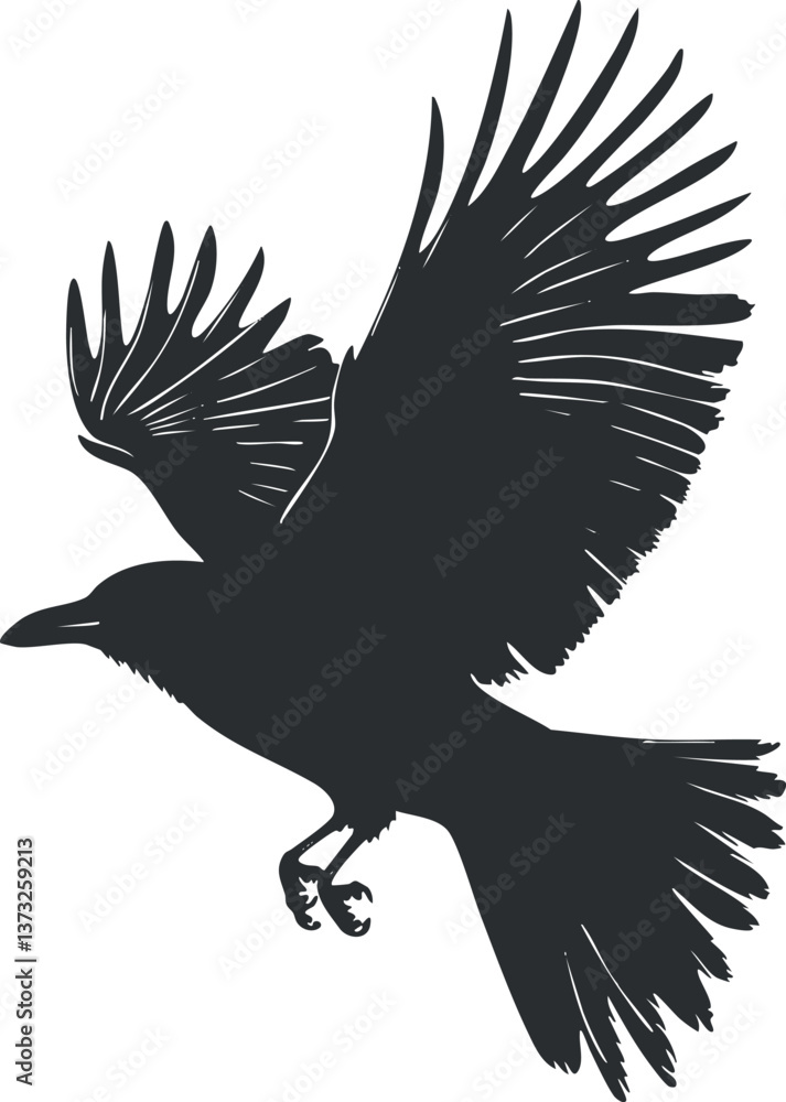 Fototapeta premium Silhouette of a raven in flight with outstretched wings and detailed feather pattern.
