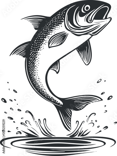 Black and white illustration of a fish jumping out of water with splashes.