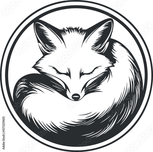 Monochrome vector illustration of a stylized sleeping fox within a circular emblem design.