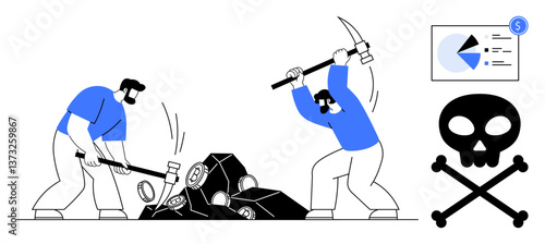 Two men breaking rocks with tools, financial chart representing profit motives, and skull with crossbones emphasizing danger. Ideal for mining, labor safety, business ethics, profit, risk management