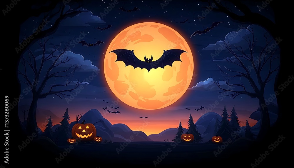 Halloween Night Bat Moon Landscape. Halloween Night Bat Moon Landscape.