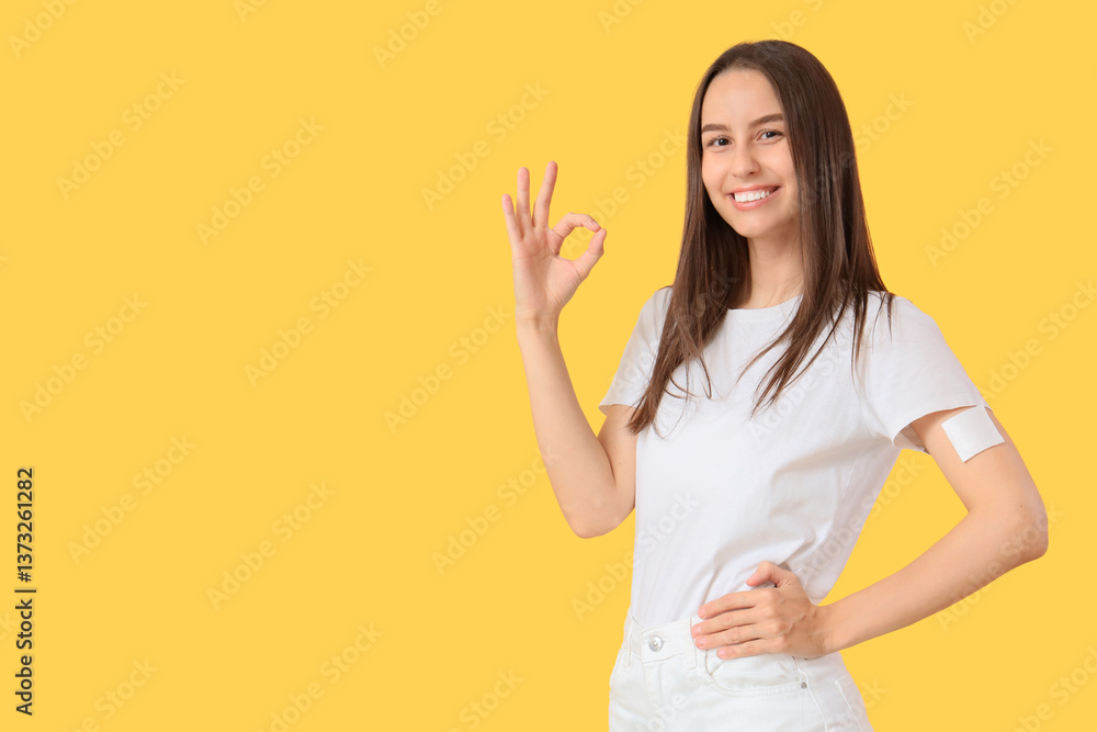Young woman with applied contraceptive patch showing OK on yellow background Young woman with applied contraceptive patch showing OK on yellow background