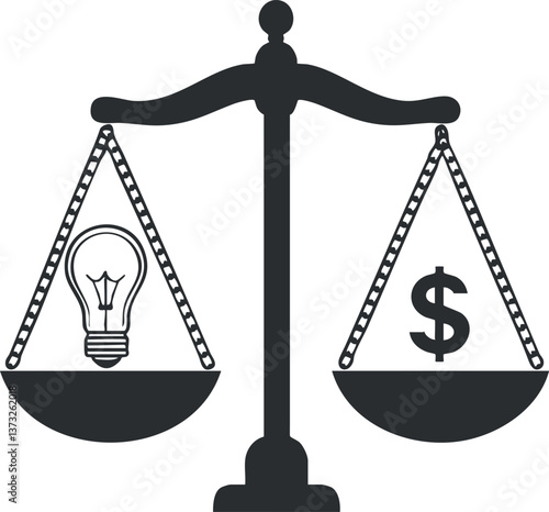 Illustration of a balance scale weighing a lightbulb and a dollar sign symbolizing ideas versus money.