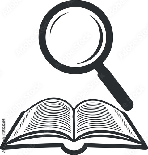 Illustration of a magnifying glass over an open book, symbolizing search and investigation.