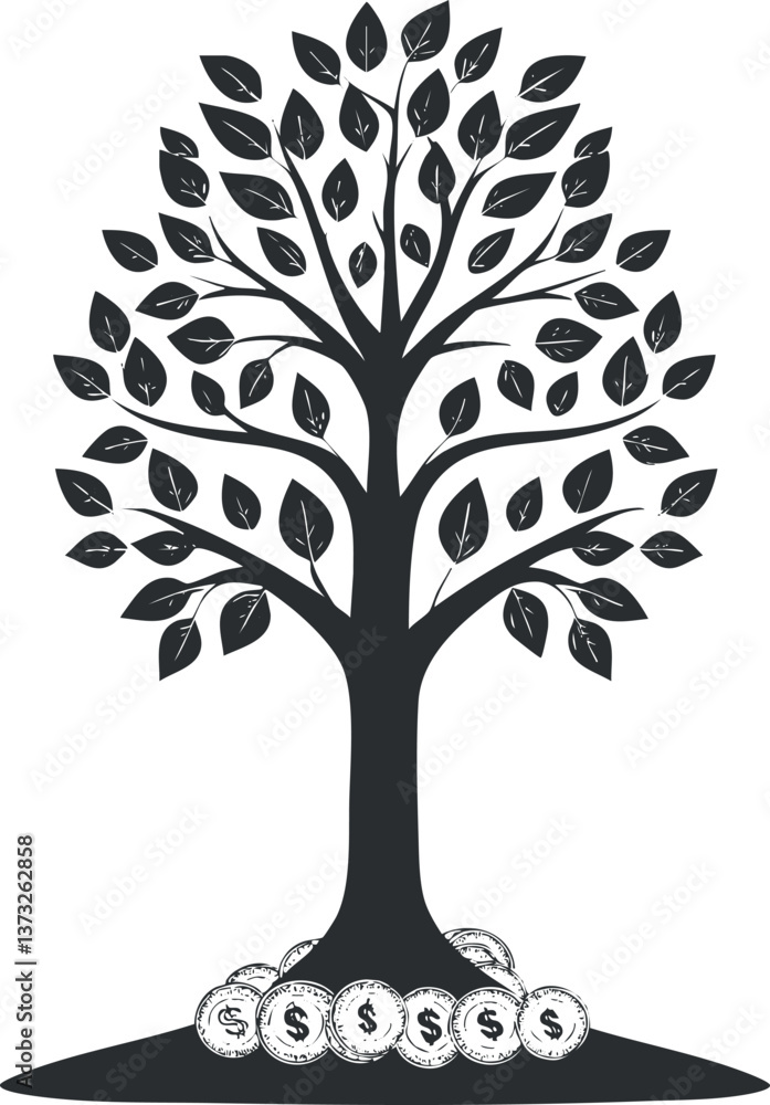Black and white illustration of a money tree with dollar coins symbolizing growth and prosperity. Black and white illustration of a money tree with dollar coins symbolizing growth and prosperity.
