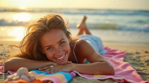 Portrait of Beautiful Woman against Beach Scene with Sunlight.