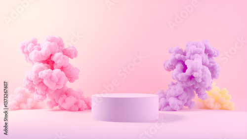 Vibrant smoke clouds surround a minimalist pedestal in a bright pink setting