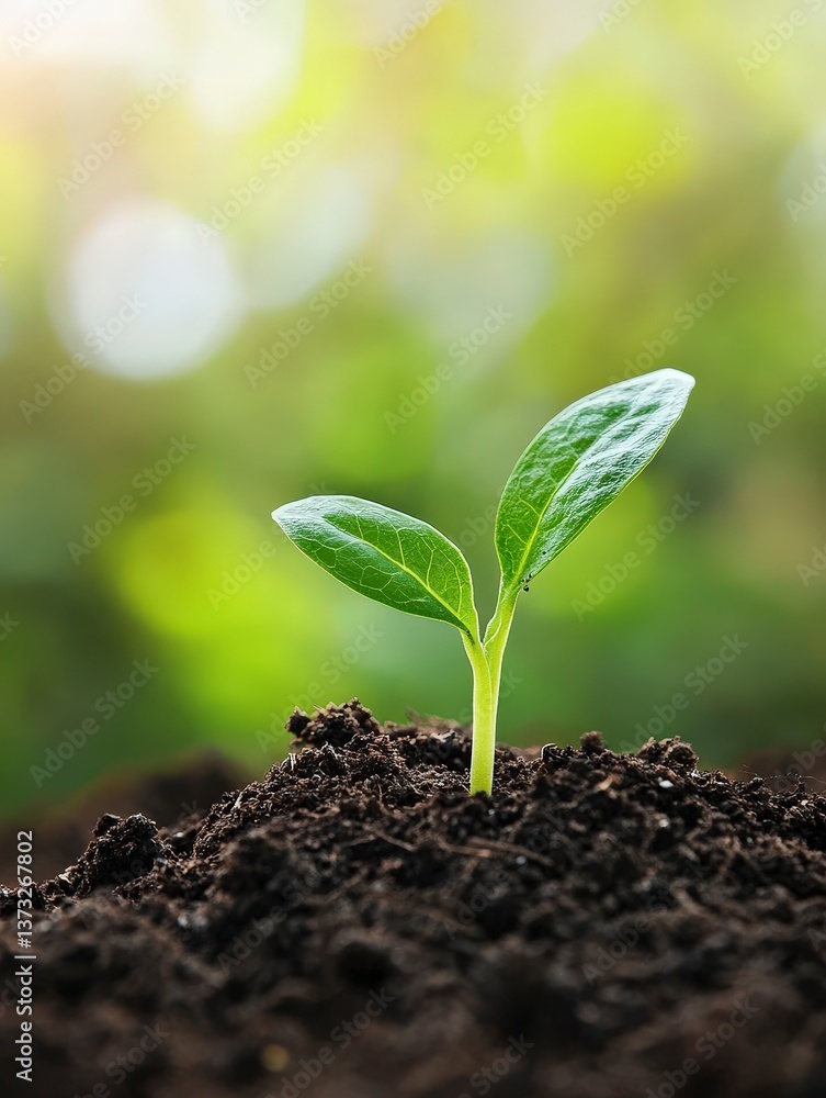 Fototapeta premium Emerging Young Seedling in Soil: Gentle Growth Art for Nature Posters and Sustainable Decor