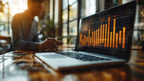 analyzing statistical data using laptop for calculation businessman preparing reports many graphs and charts