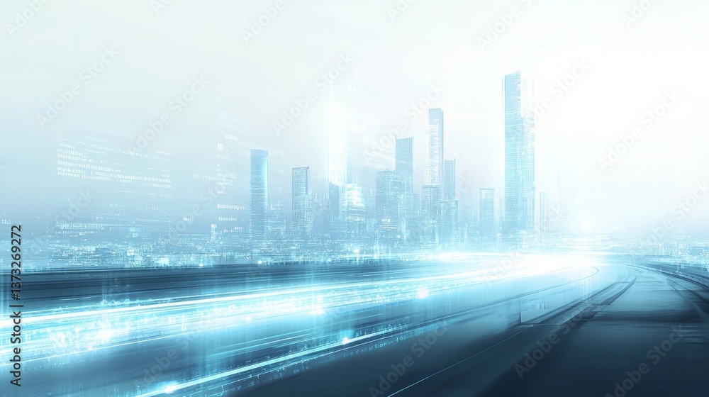 Fototapeta premium A blurred highway with motion blur leading to the city skyline, with blue and white glowing data streams in the background representing digitalization