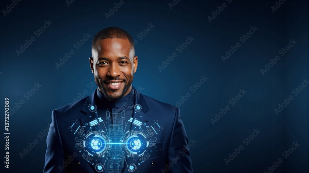 Obraz premium Confident man smiling in a futuristic suit against a blue background 