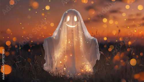 Halloween ghost on orange background