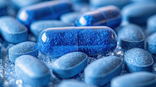 blue capsule medicines and tablets close up of blue capsules and tablets on white background