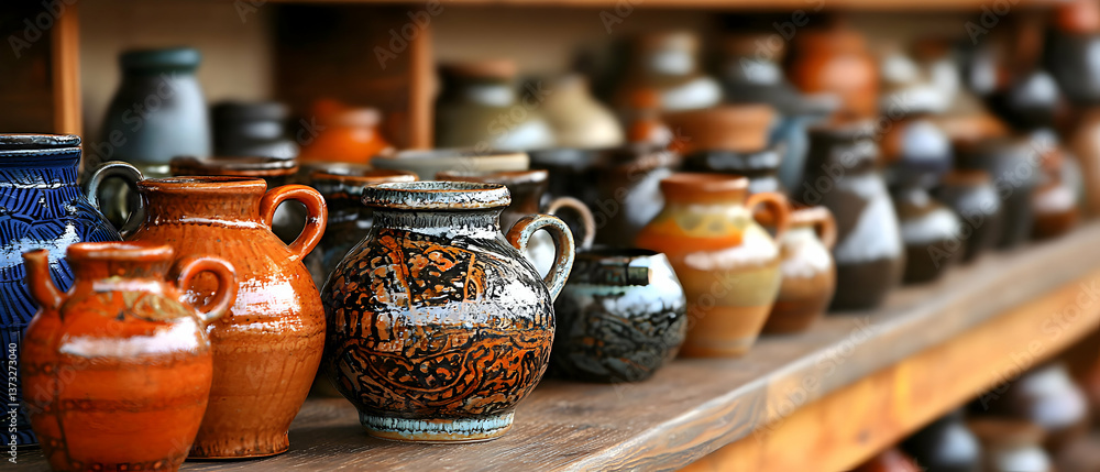 Assortment of Rustic Brown and Orange Clay Pottery Jugs on Wooden Shelf Assortment of Rustic Brown and Orange Clay Pottery Jugs on Wooden Shelf