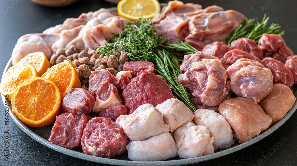 An assortment of fresh meats, including chicken, lamb, and camel, neatly arranged on a countertop. An assortment of fresh meats, including chicken, lamb, and camel, neatly arranged on a countertop.