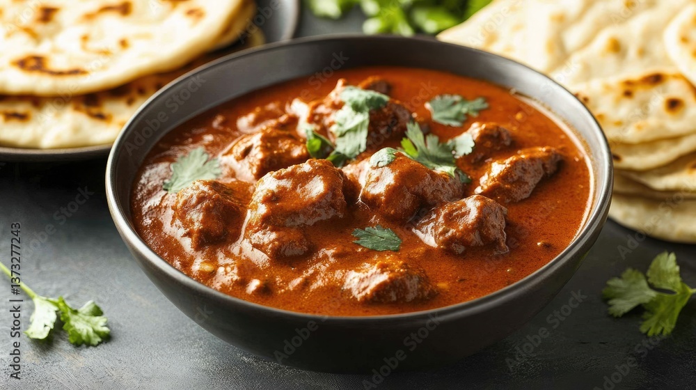 A bowl of Middle Eastern curry with golden-brown flatbreads stacked nearby. A bowl of Middle Eastern curry with golden-brown flatbreads stacked nearby.