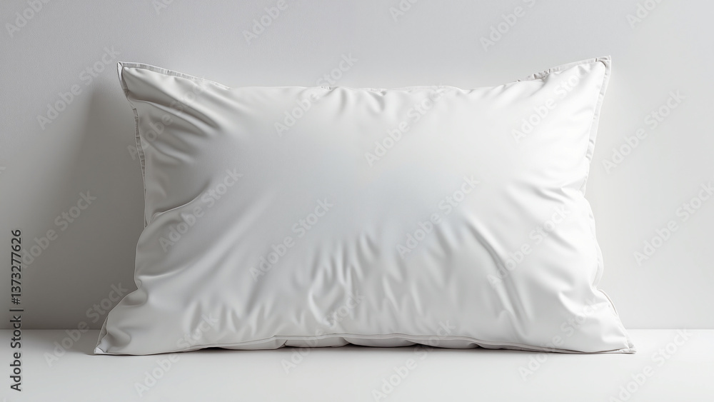 White fluffy pillow placed against light wall on smooth surface in minimal bedroom concept White fluffy pillow placed against light wall on smooth surface in minimal bedroom concept