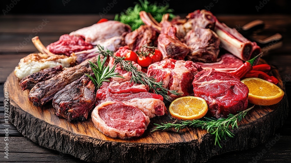 A rustic wooden table displaying fresh cuts of lamb, goat, chicken, and camel meat. A rustic wooden table displaying fresh cuts of lamb, goat, chicken, and camel meat.