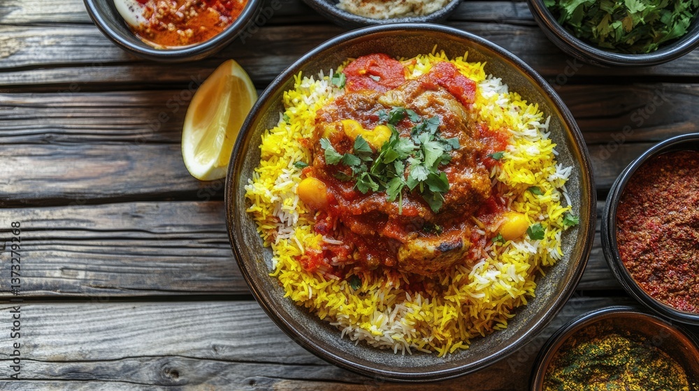 A rustic wooden table featuring a plate of Kabsa with saffron-infused basmati rice.