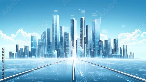 A futuristic cityscape with towering skyscrapers and sleek, chrome buildings against the blue sky