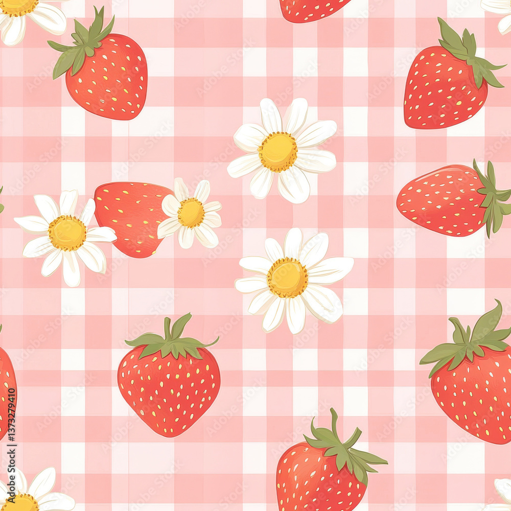 Fresh strawberries and cheerful daisies create delightful pattern on pink checkered background, evoking sense of summer joy and warmth. Perfect for various design projects Fresh strawberries and cheerful daisies create delightful pattern on pink checkered background, evoking sense of summer joy and warmth. Perfect for various design projects