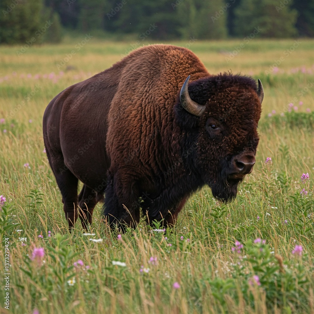 bison with a thick dark brown coat, lighter fur on its hump, curved horns, standing in tall grass and wildflowers with a blurred natural background bison with a thick dark brown coat, lighter fur on its hump, curved horns, standing in tall grass and wildflowers with a blurred natural background