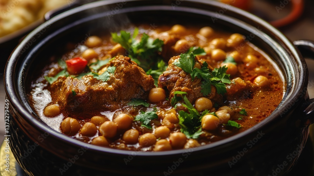 A slow-cooked pot of Arabic-style camel meat soup with chickpeas and herbs. A slow-cooked pot of Arabic-style camel meat soup with chickpeas and herbs.