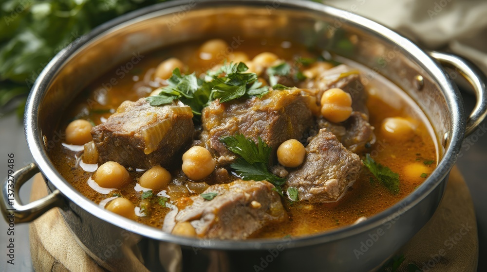A slow-cooked pot of Arabic-style camel meat soup with chickpeas and herbs. A slow-cooked pot of Arabic-style camel meat soup with chickpeas and herbs.