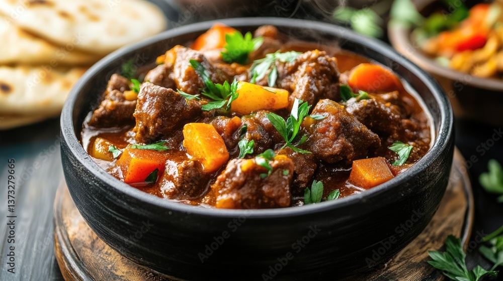 A steaming pot of rich Middle Eastern stew with a side of warm pita bread. A steaming pot of rich Middle Eastern stew with a side of warm pita bread.