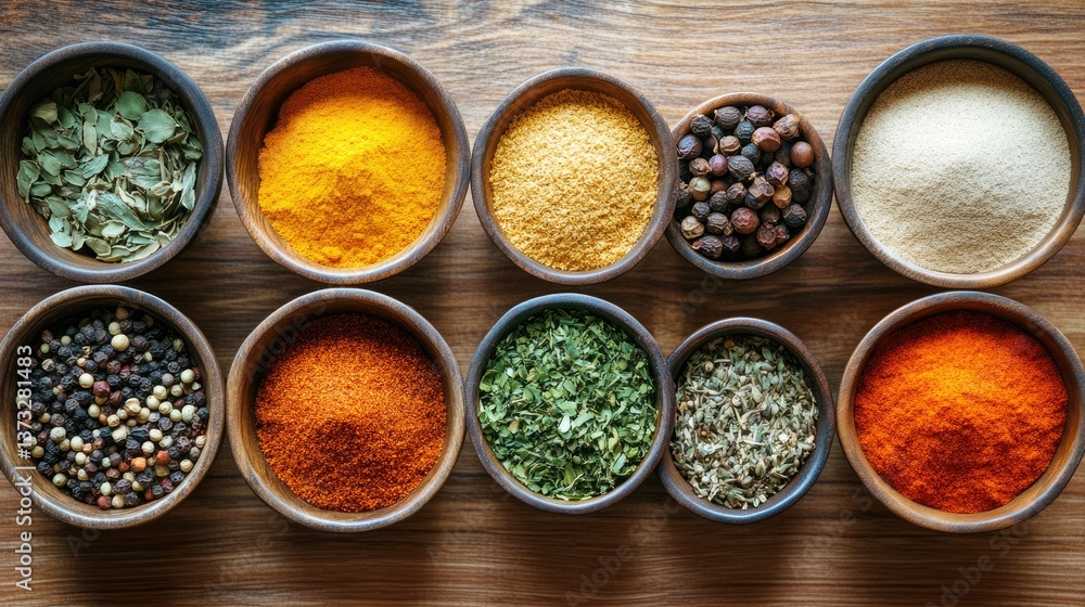 A top-down view of various Middle Eastern spices arranged in small bowls on a wooden table.
