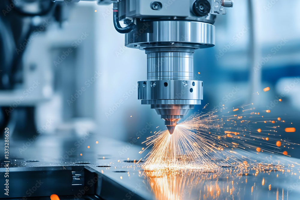 A high-tech machinery laser cutter is shown in action, producing sparks while cutting through metal, indicative of modern industry. A high-tech machinery laser cutter is shown in action, producing sparks while cutting through metal, indicative of modern industry.