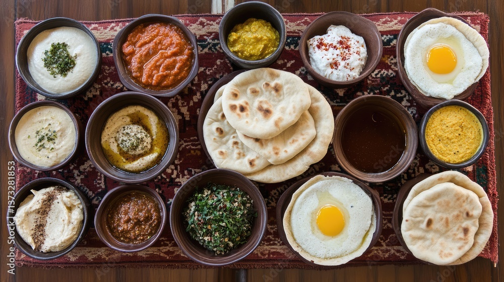 A traditional Middle Eastern breakfast spread with warm pita and dips. A traditional Middle Eastern breakfast spread with warm pita and dips.