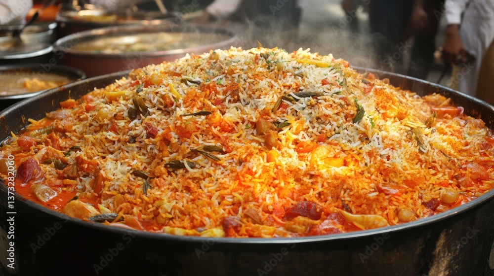A traditional Middle Eastern kitchen preparing a large batch of spiced biryani. A traditional Middle Eastern kitchen preparing a large batch of spiced biryani.