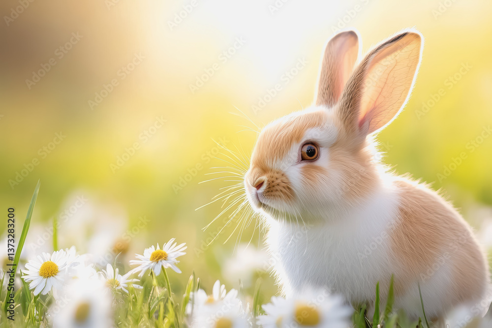 Fototapeta premium Joyful rabbit hopping playfully through a field of daisies surrounded by nature's beauty and vibrant flora