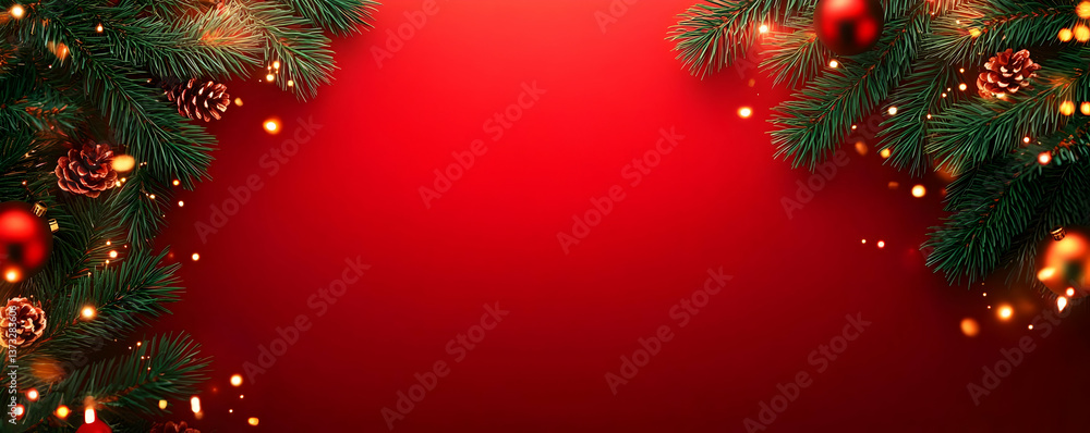 Festive Christmas background featuring pine branches, ornaments, and warm lights against a vibrant red backdrop. Festive Christmas background featuring pine branches, ornaments, and warm lights against a vibrant red backdrop.