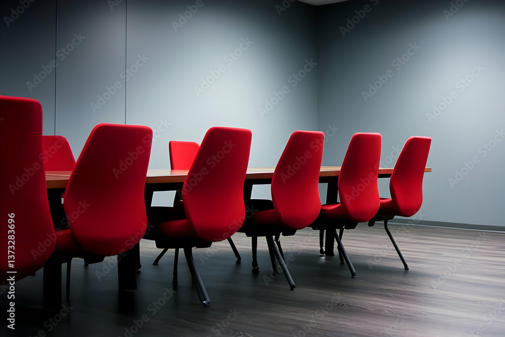 Modern conference room featuring a long table with red chairs and muted walls, perfect for meetings and brainstorming sessions. Modern conference room featuring a long table with red chairs and muted walls, perfect for meetings and brainstorming sessions.