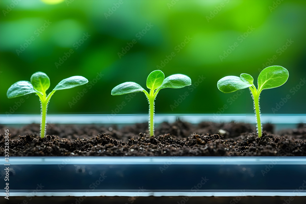 Naklejka premium Three young green plants sprouting from dark soil, symbolizing growth and renewal in a vibrant, nurturing environment.