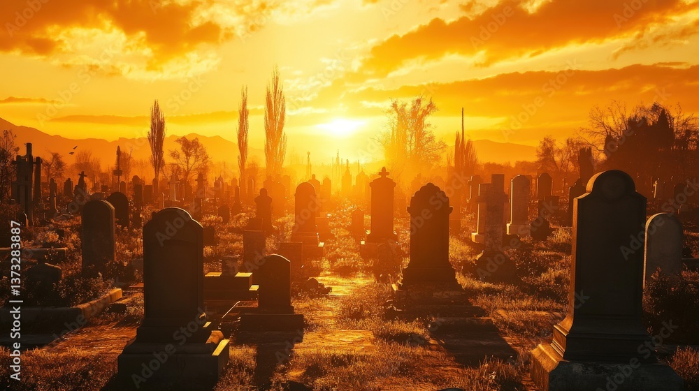 Fototapeta premium A cemetery landscape bathed in sunlight during a golden sunset
