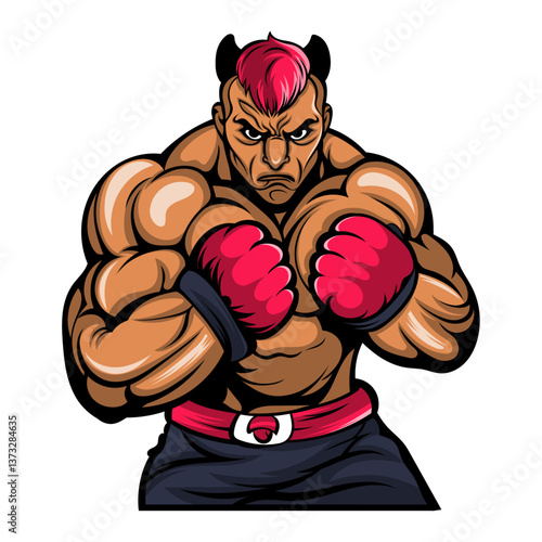 Fierce Cartoon Boxer with Red Gloves and Devil Horns – Muscular Fighter with Angry Face and Mohawk Hairstyle – Vector Character for Combat Sports, Gaming Mascots, Fighting Logos, and Fantasy Art