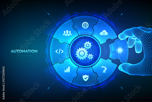 RPA Robotic process automation innovation technology concept. IOT. Innovation, improving productivity. Wireframe hand places an element into a composition visualizing Automation processes. Vector.
