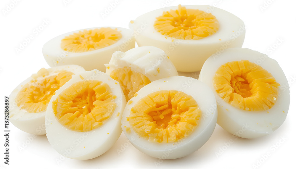 Freshly sliced boiled eggs isolated on transparent background, ideal for culinary presentations, diet plans, and protein-rich food concepts. Crisp PNG for commercial and editorial use. Freshly sliced boiled eggs isolated on transparent background, ideal for culinary presentations, diet plans, and protein-rich food concepts. Crisp PNG for commercial and editorial use.