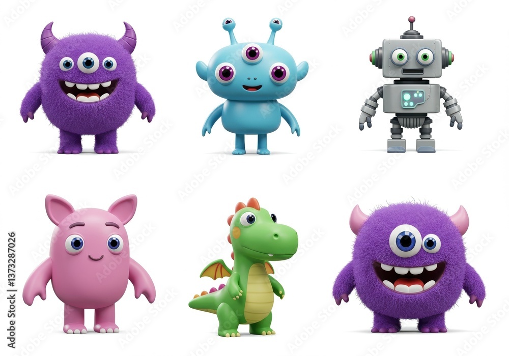 Adorable Cartoon Monster and Robot Set: Cute Fantasy Characters for Kids' Designs and Creative Projects Adorable Cartoon Monster and Robot Set: Cute Fantasy Characters for Kids' Designs and Creative Projects