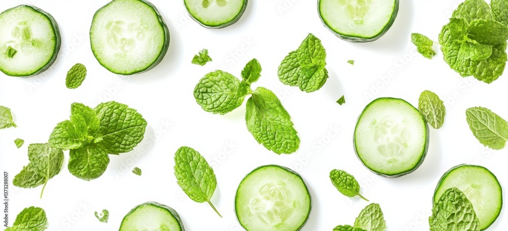 Fresh Green Cucumber Slices and Mint Leaves on White Background Fresh Green Cucumber Slices and Mint Leaves on White Background