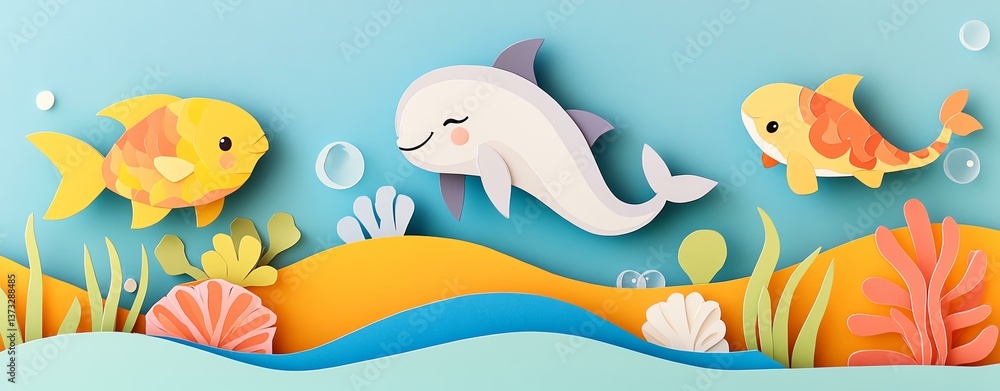 Fototapeta premium Top view of colorful paper cut Colorful underwater scene with playful dolphin and vibrant fish, showcasing a whimsical ocean environment filled with coral and plants.