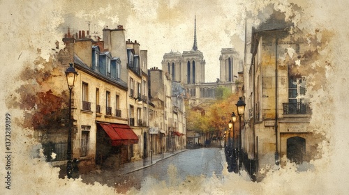 Fototapeta Naklejka Na Ścianę i Meble -  Quaint street view in paris leading towards notre dame