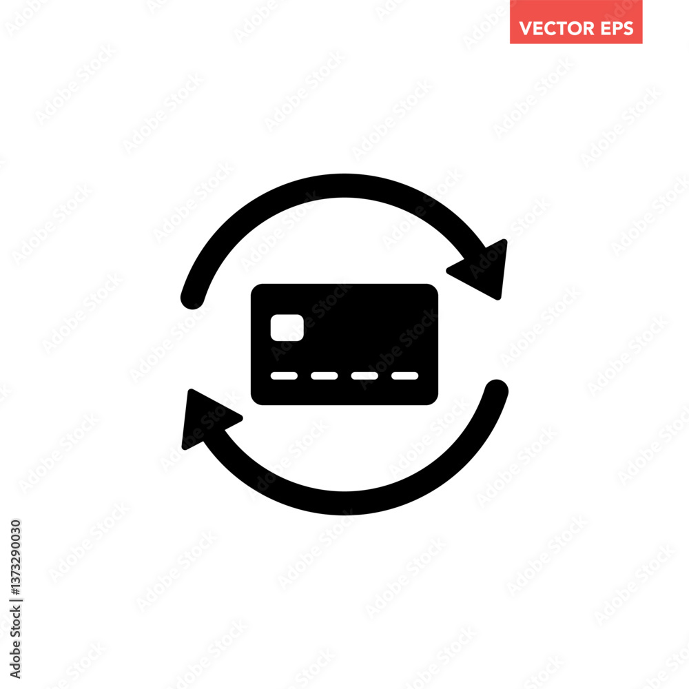 Black single renew credit card icon, simple card transaction flat design infographic pictogram vector for app logo ads web button ui ux interface elements isolated on white background Black single renew credit card icon, simple card transaction flat design infographic pictogram vector for app logo ads web button ui ux interface elements isolated on white background