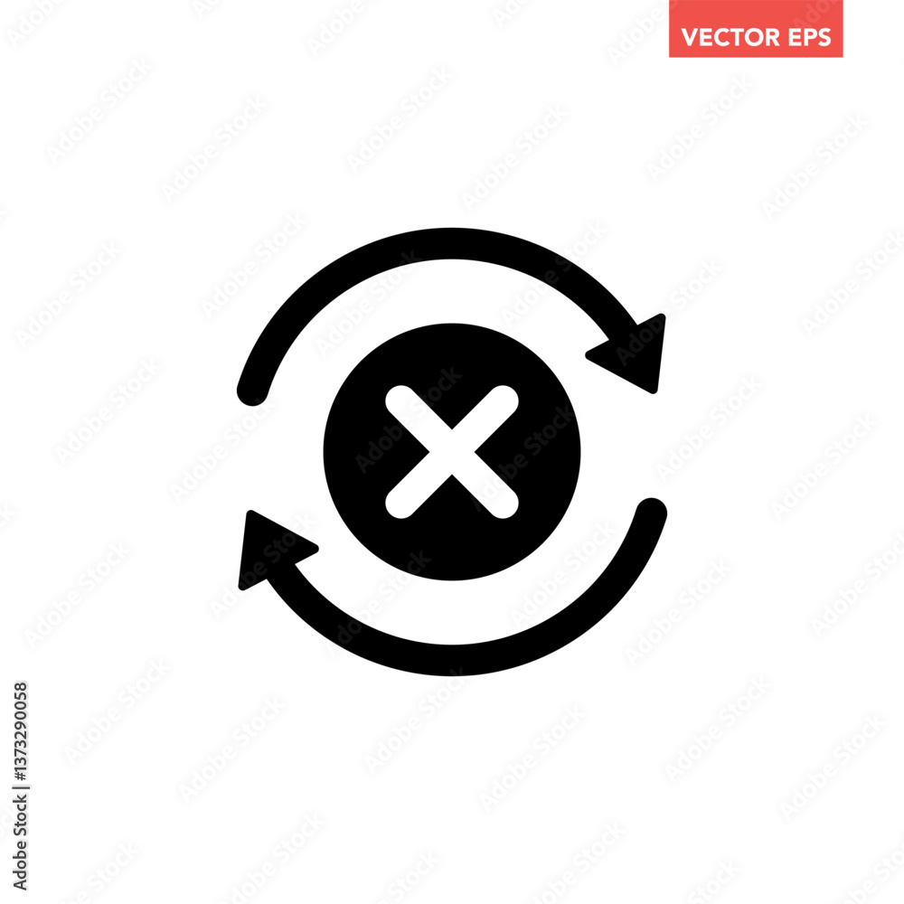 Fototapeta premium Black round check sync unapproved icon, simple cycle rotating arrows sync flat design pictogram vector for app logo ads web webpage button ui ux interface elements isolated on white background