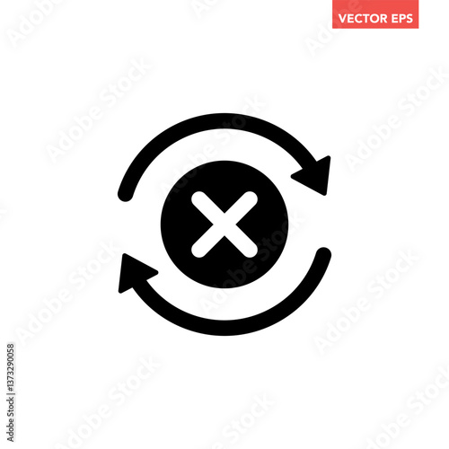 Black round check sync unapproved icon, simple cycle rotating arrows sync flat design pictogram vector for app logo ads web webpage button ui ux interface elements isolated on white background
